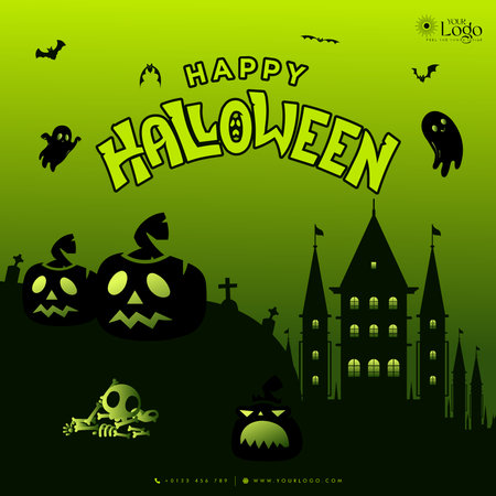 Halloween background with pumpkins, ghosts, castle and bats. Vector illustration.のイラスト素材