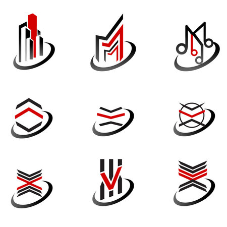 Set of abstract icons based on the letter V M, black and redのイラスト素材
