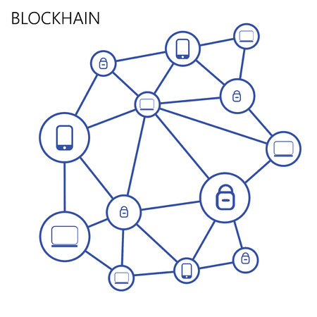 Blockchain with different icons, Illustration on white backgroundのイラスト素材