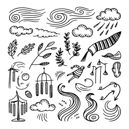 Set of wind doodle on white background. Hand drawn abstract doodle isolated on white background.のイラスト素材