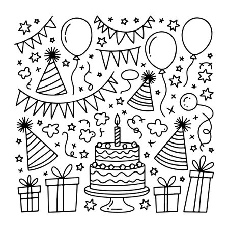 Set of birthday doodle on white background. Hand drawn abstract doodle isolated on white background.のイラスト素材