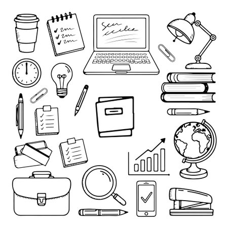 Set of workspace doodle on white background. Hand drawn abstract doodle isolated on white background.のイラスト素材