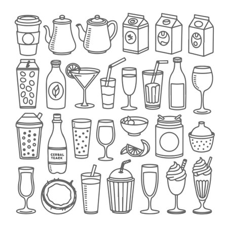 Set of beverages themed doodle on white background. Hand drawn abstract doodle isolated on white background.のイラスト素材