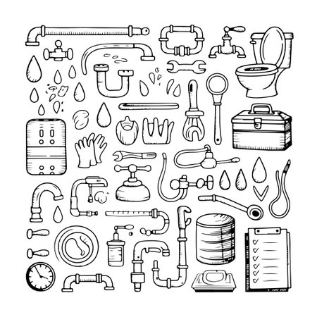 Set of plumbing doodle on white background. Hand drawn abstract doodle isolated on white background.のイラスト素材