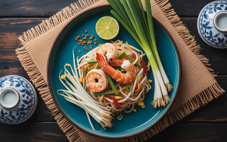 Dramatic overhead shot of Pad Thai on a teal ceramic dish, featuring large shrimp, green onions, and bean sprouts. Natural light enhances colors, with a subtle porcelain backdrop.の素材