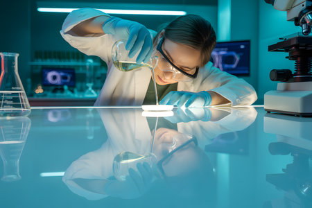 Scientist in goggles and gloves pours liquid into glassware, captured in reflection. Lab setting with microscope and screens, bathed in soft blue and white light.の素材