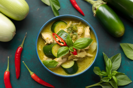 Vibrant overhead shot of green curry soup with zucchini, chicken, and fresh basil, garnished with red chili peppers, on a dark textured surface with green eggplants.の素材