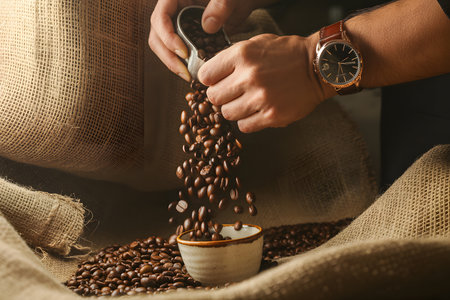 Hands pouring freshly roasted coffee beans from a burlap sack into a ceramic cup, with a glimmering leather watch and textured background, evoking warmth and richness.の素材
