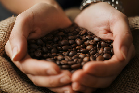 Close-up of dark brown coffee beans cradled in hands, with soft burlap texture fading in the background. Warm lighting enhances the intimate, organic feel of fresh coffee.の素材