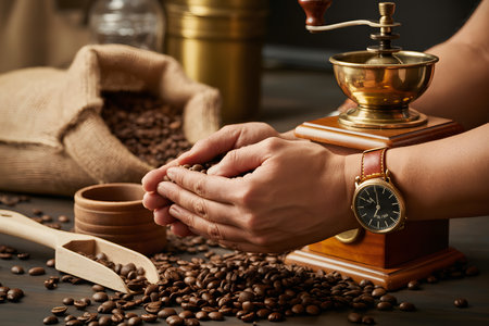 Artisan coffee preparation: hands holding beans beside a vintage grinder, with a brown leather watch, soft lighting, and a burlap backdrop for a warm, homely vibe.の素材