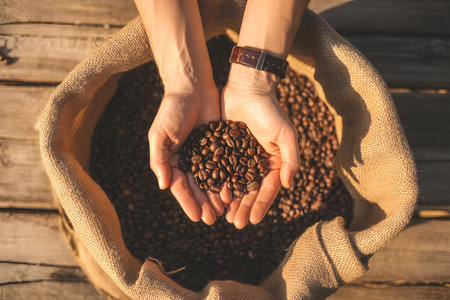 Bird's-eye view of hands cupping glossy coffee beans over burlap, on a rustic table. Warm lighting enhances the cozy atmosphere and rich textures.の素材