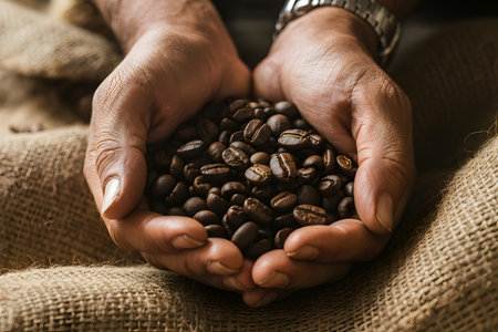 Close-up of dark brown coffee beans cradled in hands, with soft burlap texture fading in the background. Warm lighting enhances the intimate, organic feel of fresh coffee.の素材