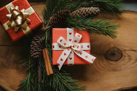Charming holiday arrangement on rustic wood: coral gift box with heart ribbon, pine branches, pine cones, and cinnamon stick. Soft lighting adds warmth and depth.の素材