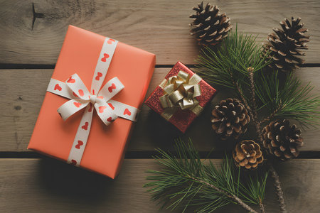Cozy Christmas scene with a rustic wooden table, featuring a coral gift box with a heart-patterned ribbon, fresh pine branches, and soft lighting for a warm, nostalgic vibe.の素材
