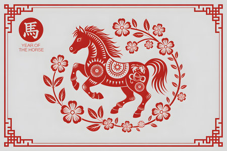 Traditional Chinese New Year design featuring a red paper-cut horse with geometric patterns, surrounded by white and red flowers, set against a light gray background.の素材