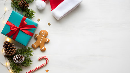 Chic Christmas composition featuring a turquoise gift box, gingerbread cookie, candy canes, and festive decor on a textured wooden background. Modern Scandinavian style.の素材