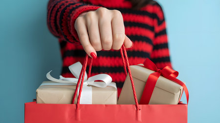 Close-up of a stylish hand with bright red nails holding a red shopping bag filled with wrapped presents on a light blue background, showcasing festive spirit.の素材