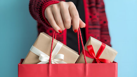 Close-up of a stylish hand with bright red nails holding a red shopping bag filled with wrapped presents on a light blue background, showcasing festive spirit.の素材