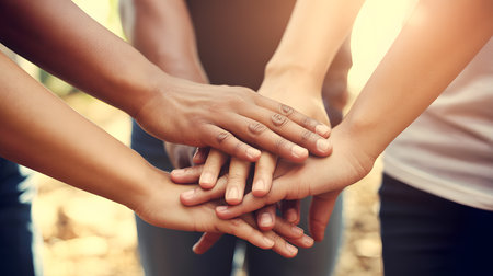 Unity in Diversity: Close-up of hands in various skin tones stacked together in a circular formation, basking in warm sunlight with a vintage sepia filter.の素材