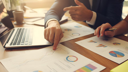 Close-up of hands reviewing colorful business charts and documents on a wooden desk with a silver laptop. Warm sepia tone adds a vintage feel to this professional scene.の素材