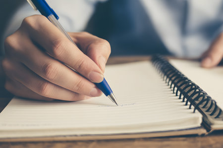 Close-up of a hand writing in a spiral-bound notebook with a blue pen. Soft natural lighting and vintage tones create a warm, inviting atmosphere.の素材