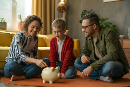 Caucasian family of three in a cozy living room, sitting on an orange rug, engaged with a piggy bank. Warm lighting and inviting decor enhance the cheerful atmosphere.の素材