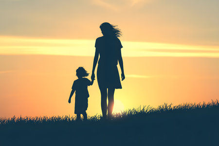 Silhouetted woman and child walking hand-in-hand on a grassy hill at sunset, against a warm orange-yellow sky. Vintage filter adds a nostalgic, peaceful mood.の素材