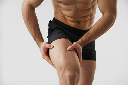 Close-up of a muscular male athlete's torso and thigh against a white background, showcasing defined abs and strength in sleek black athletic shorts.の素材