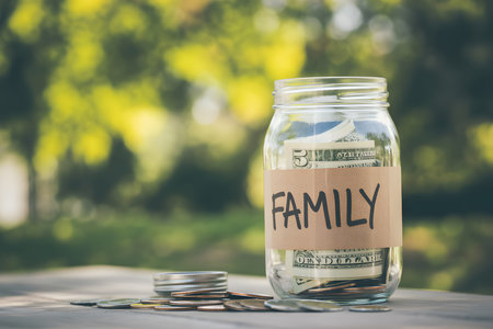 Close-up of a mason jar with a FAMILY label, filled with dollar bills and surrounded by coins. Soft natural lighting and a blurred outdoor background create a warm atmosphere.の素材