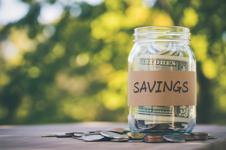 Close-up of a glass mason jar labeled 'SAVINGS,' filled with dollar bills and surrounded by loose coins, set against a blurred natural backdrop.の素材