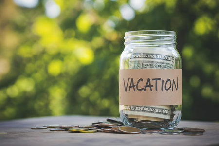Close-up of a mason jar with 'VACATION' label, filled with dollar bills and coins, set on a wooden surface with a blurred green foliage background.の素材