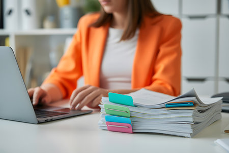 Close-up of a bright orange blazer-clad professional working at a modern laptop, with organized business documents and colorful tabs in a stylish office setting.の素材