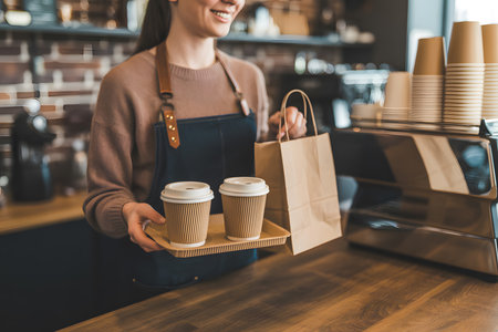 Cozy coffee shop scene with a young barista in a brown sweater and dark blue apron, serving coffee cups on a tray against a warm, inviting brick wall.の素材