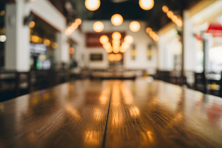 Warm wooden table surface with rich grain pattern, set against a softly blurred restaurant interior. Bokeh lighting creates an inviting, ambient atmosphere.の素材