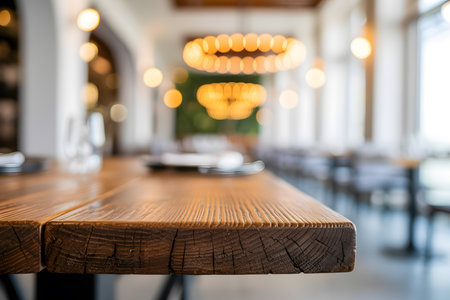 Close-up of a rustic wooden table showcasing rich brown grain patterns, set against a blurred, warm bokeh background evoking a chic restaurant ambiance.の素材