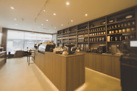 Blurred interior of a modern coffee shop with warm lighting. Features a wooden counter, glass jars on shelving, and a cozy atmosphere enriched by golden tones.の素材