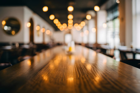 Warm wooden table surface with rich grain pattern, set against a softly blurred restaurant interior. Bokeh lighting creates an inviting, ambient atmosphere.の素材