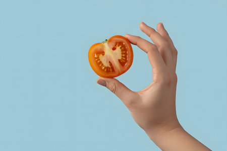 Close-up of a hand delicately holding a fresh watermelon slice against a soft blue background. Bright and minimalist, perfect for food styling or commercial use.の素材