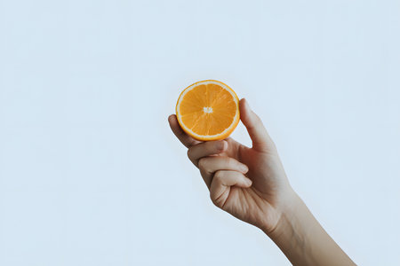 Minimalist orange slice held by a hand against a clean blue background, highlighting vibrant color and natural textures. Perfect for product photography and freshness themes.の素材