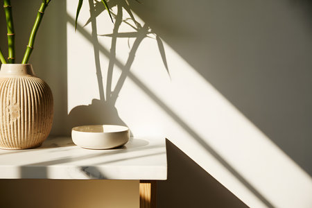 Minimalist interior featuring a white marble shelf with diagonal sunlight shadows on a gray wall. Includes a textured beige vase, white bowl, and bamboo plant. Soft, natural lighting.の素材