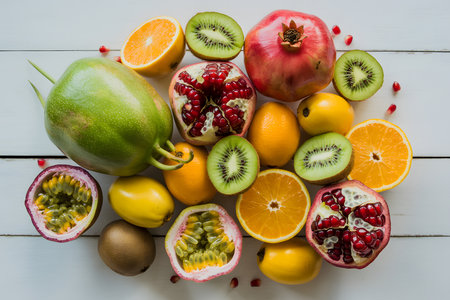 Vibrant overhead flat lay of exotic fruits on a white wooden plank: pomegranate, kumquats, kiwis, citrus, passion fruit, and anona. Bright, minimalist aesthetic.の素材