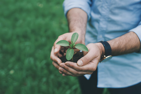 Close-up of hands in a light blue sleeve cradling a small green sprout in dark soil, set against a blurred vibrant green grass background. Soft natural lighting.の素材