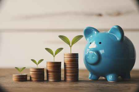 Financial growth concept: blue piggy bank beside ascending stacks of copper coins with green sprouts, set against a soft wooden background for a professional look.の素材