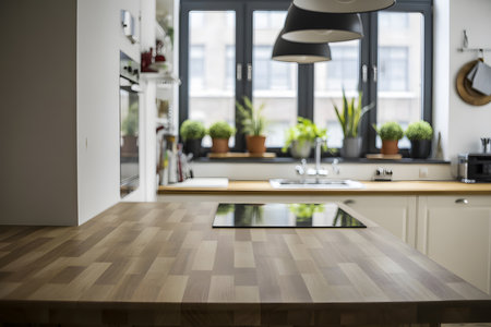 Charming modern kitchen with rustic wooden countertop, mint green walls, stainless steel kettle, and potted plants. Warm natural light enhances the cozy atmosphere.の素材