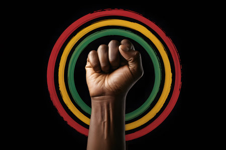 Powerful raised fist symbolizing strength and unity against a dark backdrop, highlighted by dramatic lighting and textured Rastafarian colors in a striking, graphic composition.の素材