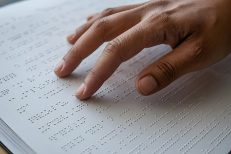 Close-up of light-skinned hands reading braille on a white page, showcasing delicate finger placement on raised dots. Soft lighting and shallow depth of field.の素材