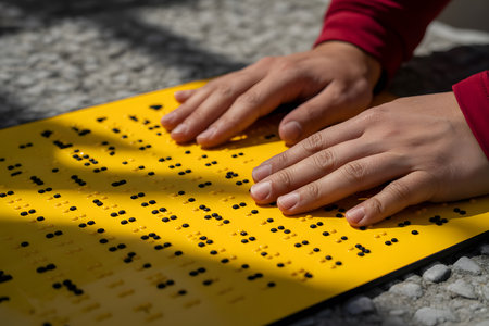 Close-up of hands in red sleeves gently touching a bright yellow tactile panel with raised black braille, set against a blurred, textured concrete background.の素材