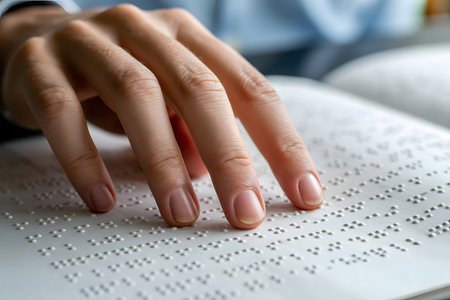 Close-up of light-skinned hands reading braille on a white page, softly lit with a shallow depth of field, highlighting the tactile experience of reading.の素材