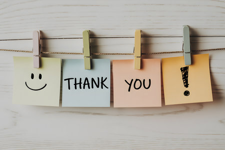 Vibrant arrangement of pastel sticky notes on a light wooden background, featuring cheerful messages and soft clothespins, perfect for a bright and minimalist aesthetic. Thank you day.の素材