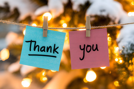 Warm, festive display of colorful sticky notes saying 'Thank You' on a string, illuminated by golden lights, with a snowy bokeh background for a cozy winter vibe. Thank you day.の素材